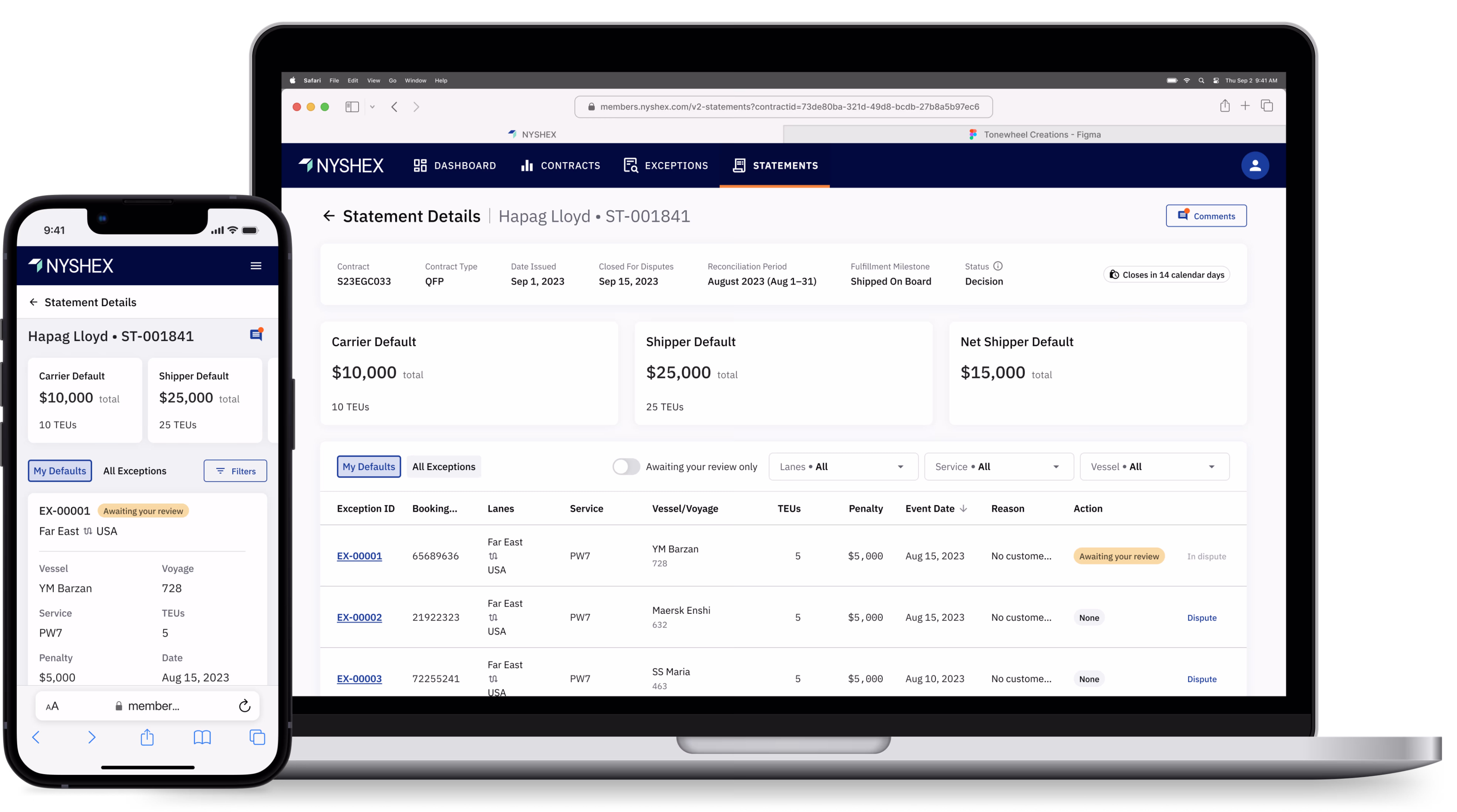 A mobile device in front of a laptop with both showing a financial statement dashboard