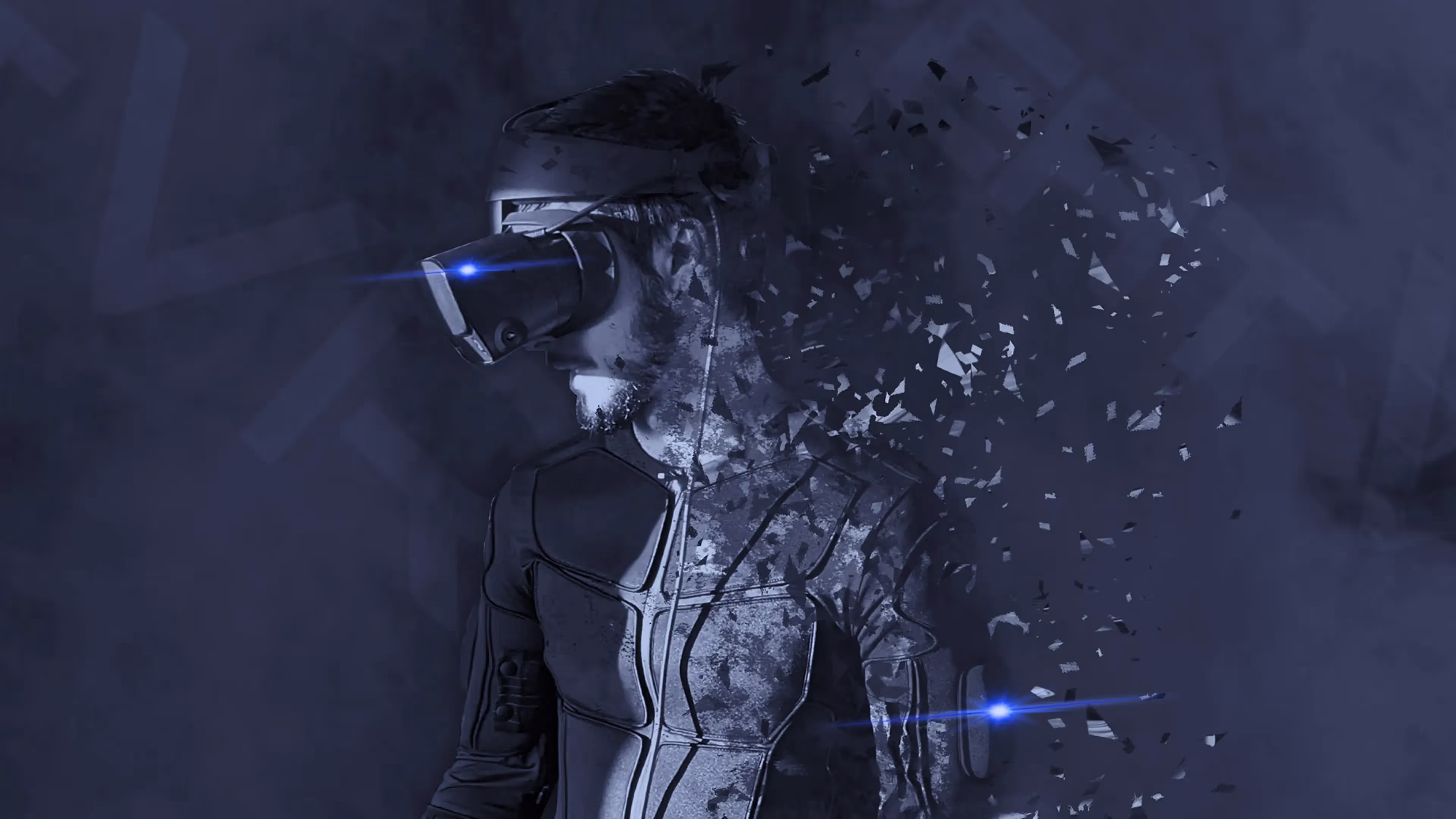 A man in a futuristic space suit with a VR headset on